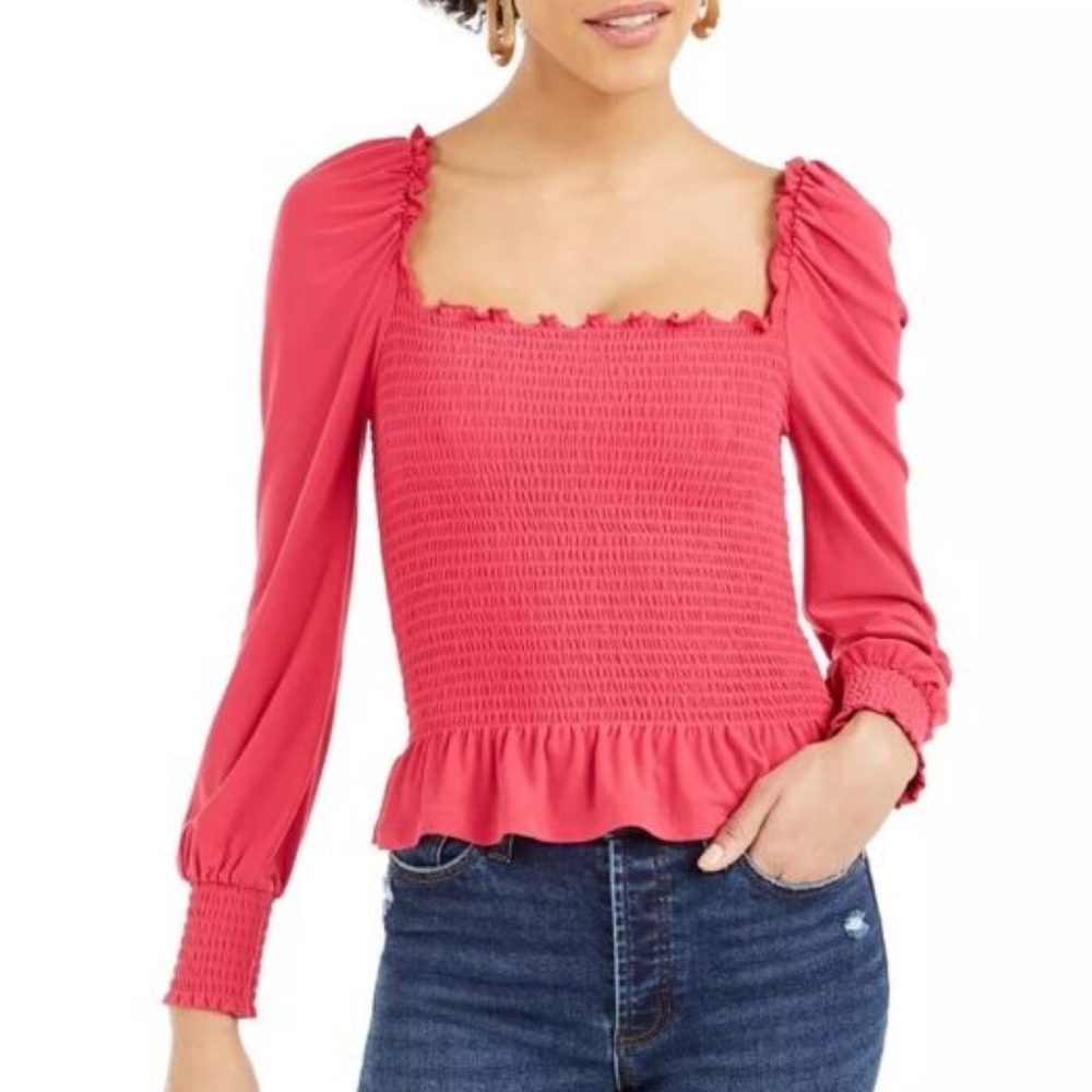 Bar III | Smocked Long Sleeve Blouse Pink Large